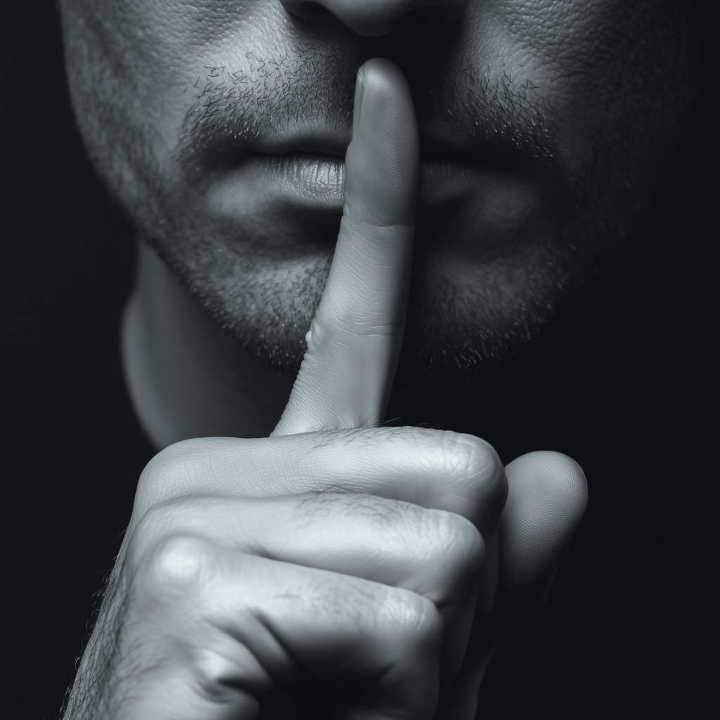 a man covering his mouth with his finger