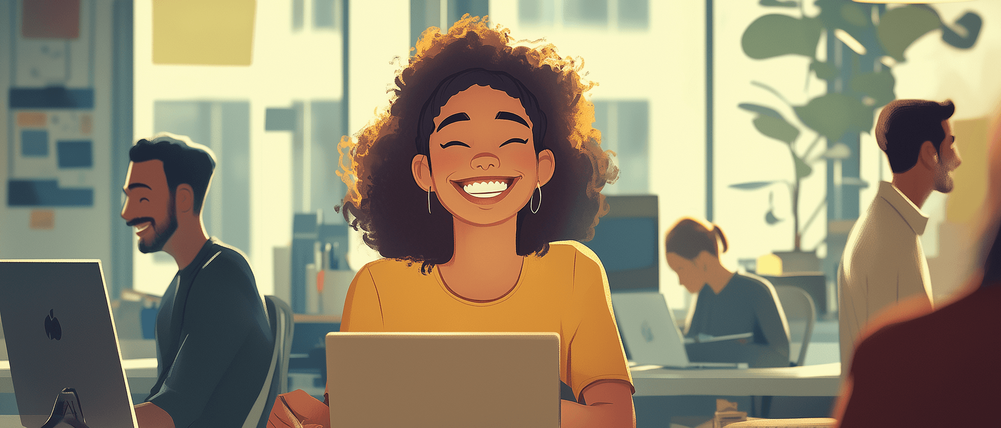 a smiling woman, actually happy at work