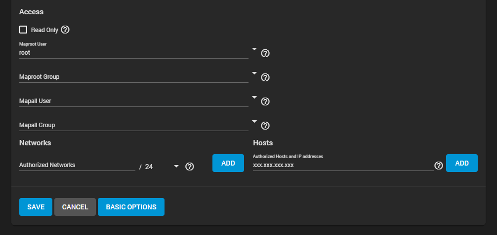 TrueNAS NFS sharing configuration, advanced options