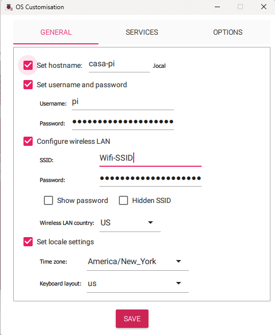 Raspberry Pi imager settings, advanced options