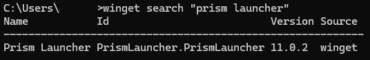 winget search results